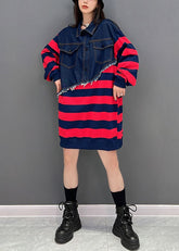 Vestido de sudadera de algodón y mezclilla con patchwork de rayas rojas de Boutique Otoño